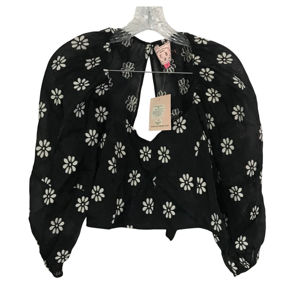 Buru Blouse Small Women Balloon Sleeve Black Bustier White Floral Embroidery NWT